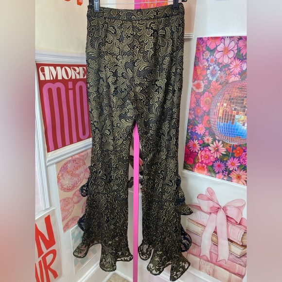 NWOT UNGARO Black and Gold Embroidered Ruffle Pants - Picture 4 of 7